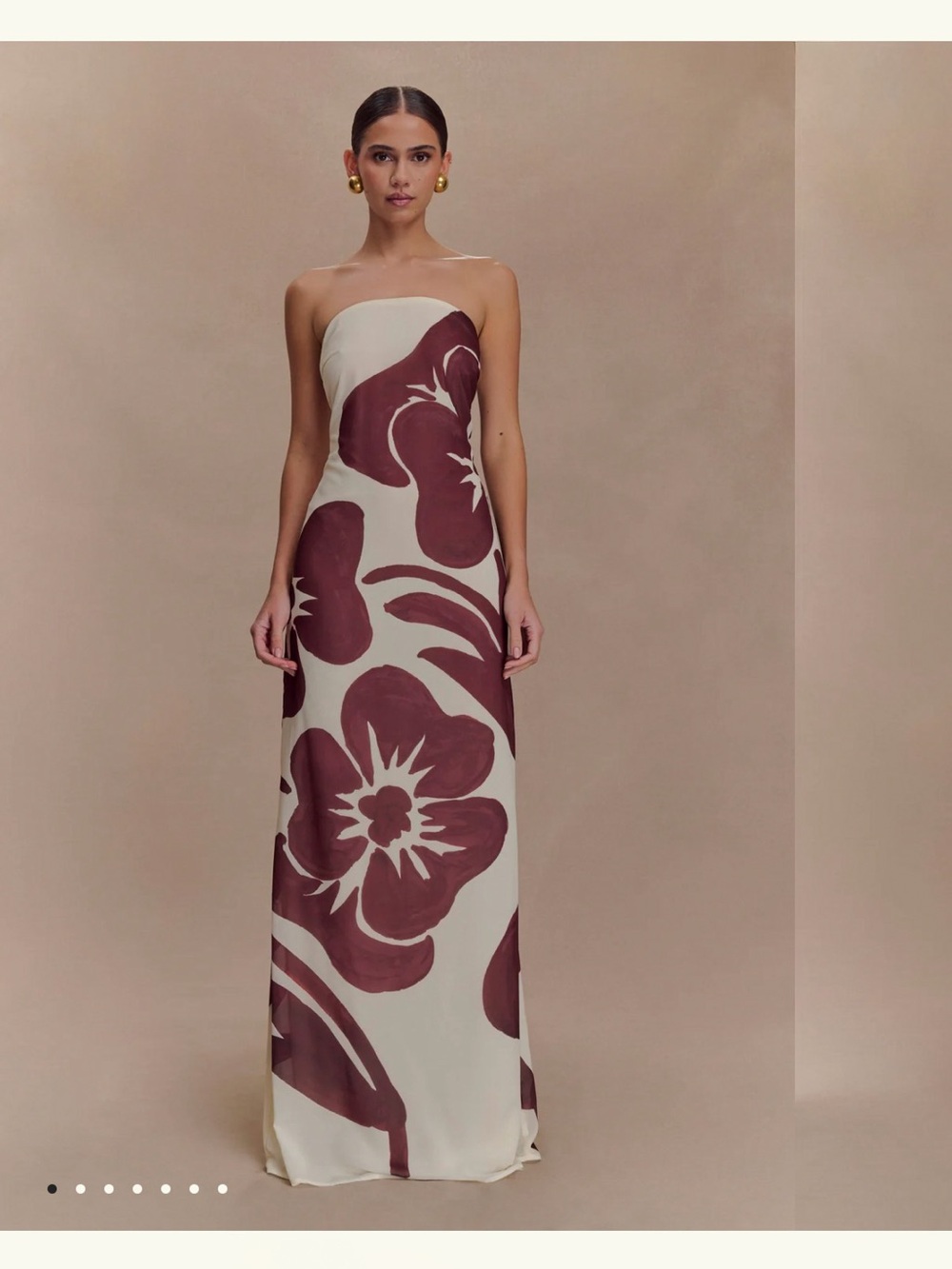 Meshki Brown and Cream Strapless Chiffon Maxi Dress - Brown Deco Fleur Print - Picture 1 of 5